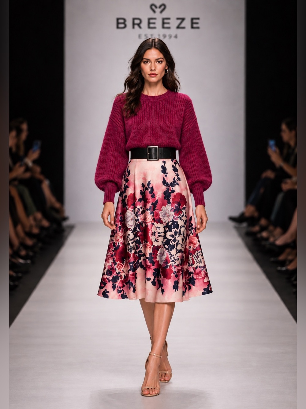 BREEZE Floral A-Line Skirt white, wine and black size small